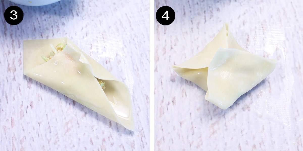 Steps to fold wonton wrappers.