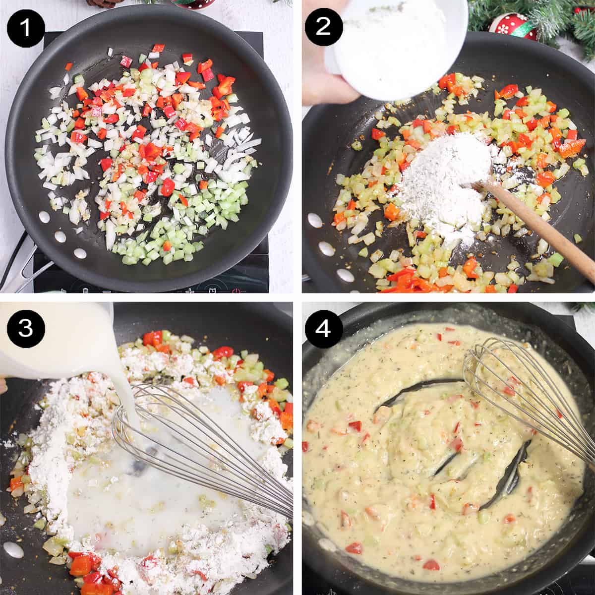 Collage of steps 1-4 to make pot pie sauce.