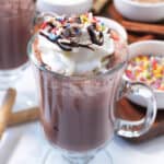 Closeup of mug of kahlua hot chocolate with toppings.