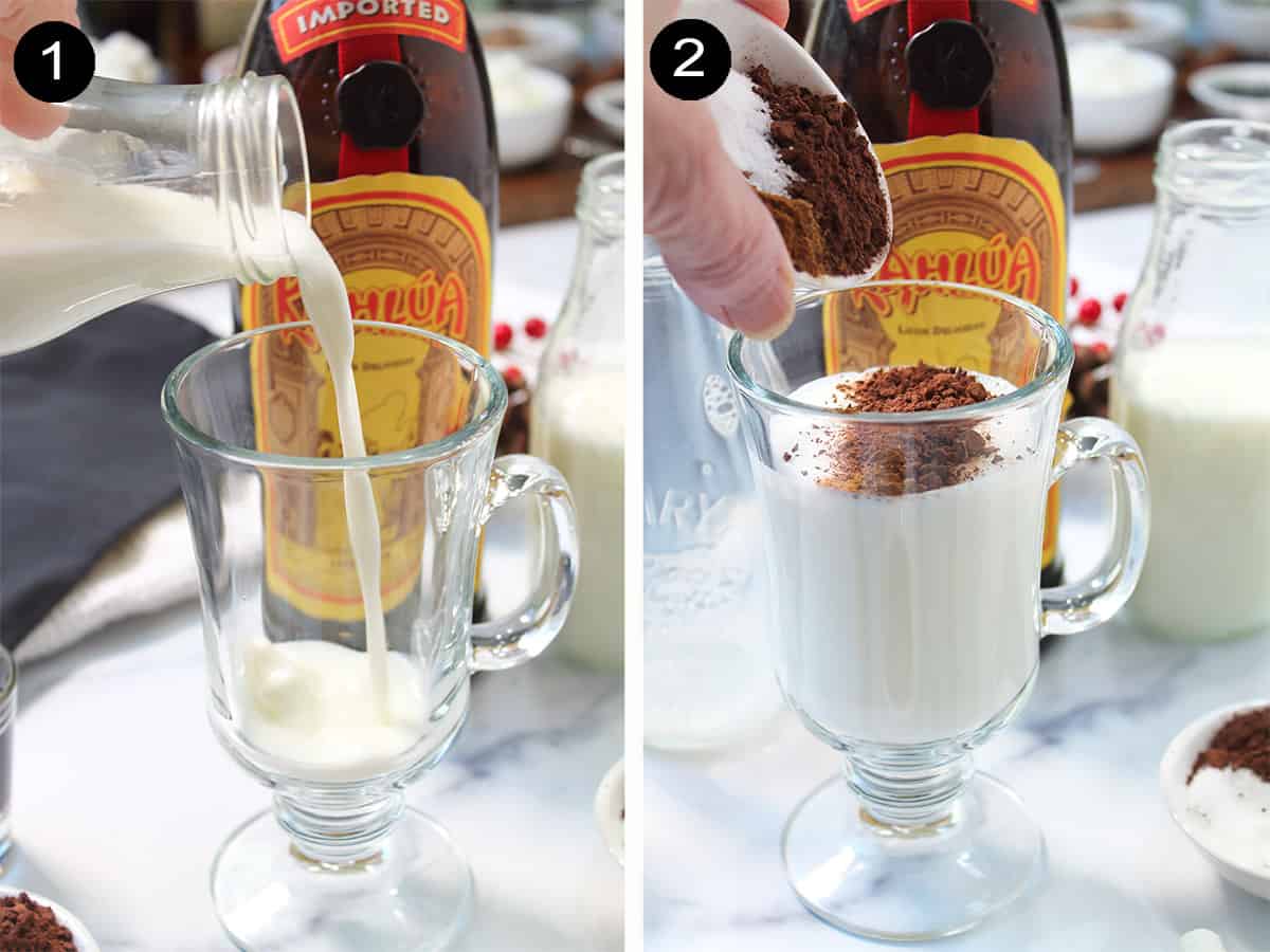 Collage of steps 1-2 to make spiked hot chocolate.