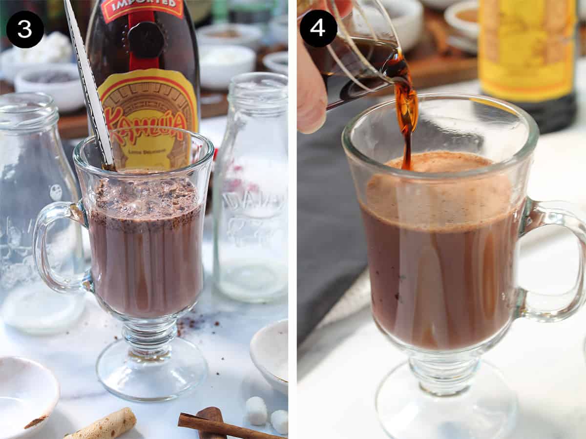 Steps 3-4 warming and pouring kahlua into hot chocolate.