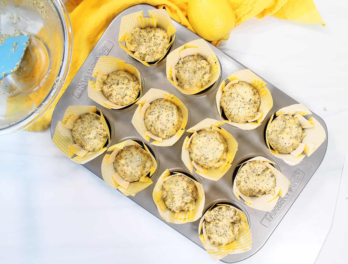 Batter in muffin cups ready to bake.