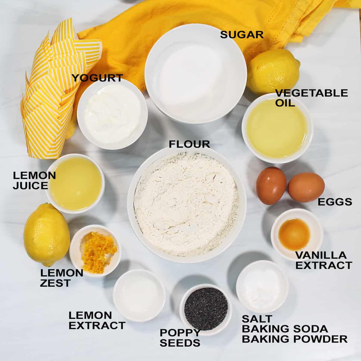 Ingredients for Lemon Muffins with Poppy Seeds.