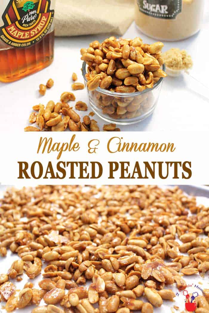 Maple Roasted Peanuts | 2 Cookin Mamas These Maple Roasted Peanuts are a sweet, crunchy, totally addictive snack. A nice change from plain ole peanuts, these maple cinnamon flavored nuts are baked until they have a nice crisp coating and they only take 15 minutes. Perfect for satisfying any craving! #peanuts #snack #maplesyrup #quickandeasyrecipe