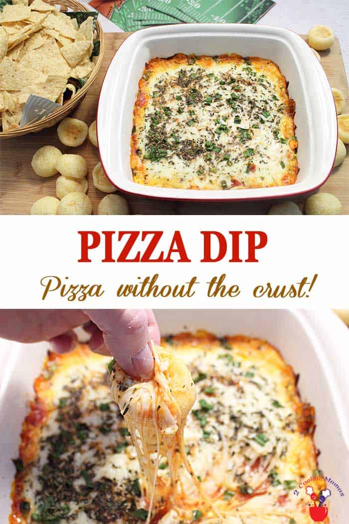 Pizza Dip | 2 Cookin Mamas It's pizza in dip form! This deliciously easy pizza dip has all your favorite pizza toppings - pepperoni, pizza sauce and ooey gooey stretchy mozzarella cheese. It has only 6 ingredients, is gluten-free and can be ready in 30! Perfect for game time or any time. #appetizer #dip #pizza #pepperoni #tailgating #SuperBowlparty