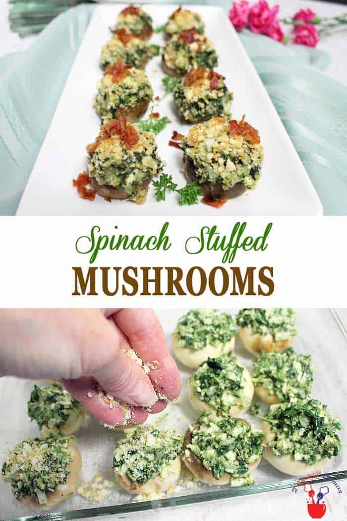 Spinach Stuffed Mushrooms | 2 Cookin Mamas These Spinach Stuffed Mushrooms are small bites of cheesy deliciousness, stuffed full of spinach and bacon with a touch of cayenne, making them the perfect appetizer for any occasion. Stuff a portobello and they become a meal all by themselves! #appetizers #stuffedmushrooms #spinach #bacon #stuffedmushroomswithspinach