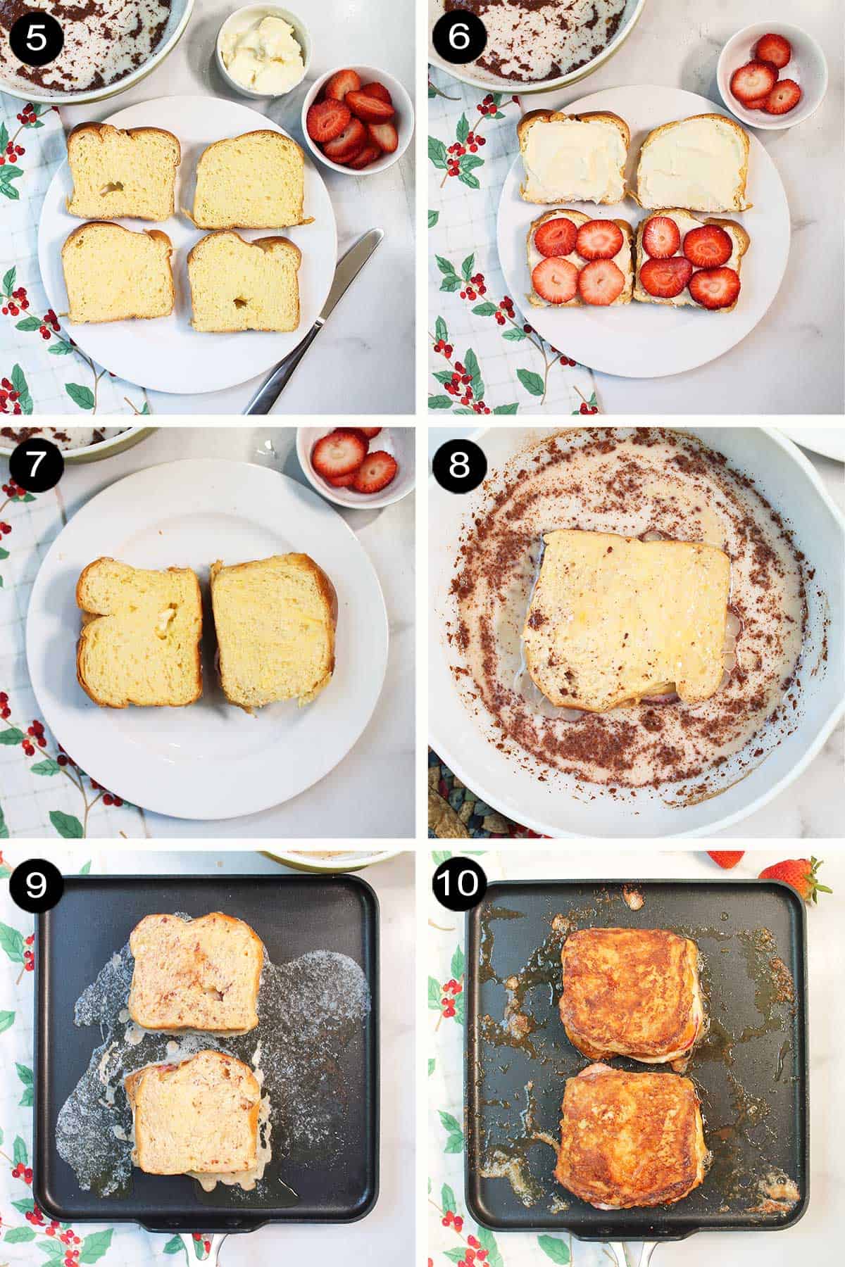 Filling and cooking stuffed french toast steps.