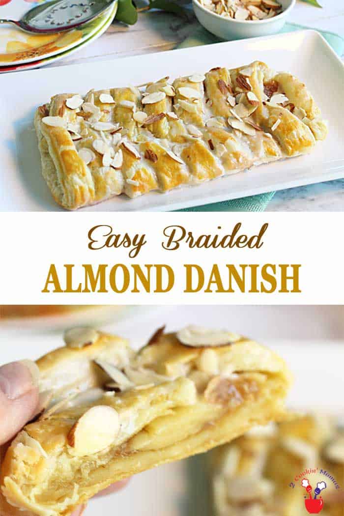 Almond Danish Braid | 2 Cookin Mamas This Almond Danish Braid is quick and easy and makes the sweetest breakfast treat. Puff pastry is brushed with butter, filled with almond filling and finished with a drizzle of vanilla icing. Now wait for the ooohs and aaahs 'cause it's absolutely irresistible! Easy braiding instructions will make anyone a pro. #breakfast #pastry #almond #recipe #almondbraid