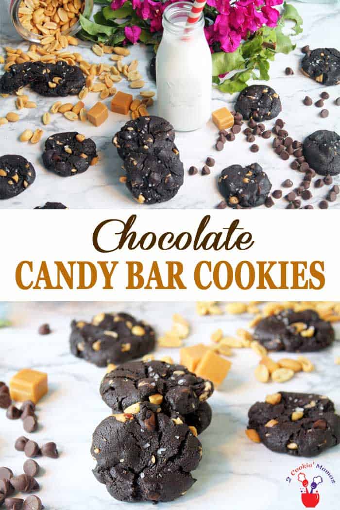 Chocolate Candy Bar Cookies | 2 Cookin Mamas These Chocolate Candy Bar Cookies are soft, chewy chocolaty cookies filled with peanuts, caramel and chocolate chips reminiscent of a Baby Ruth candy bar. They are so rich and delicious you won't be able to eat just one! #cookies #recipe #chocolatecookies #peanuts #caramel #chocolate