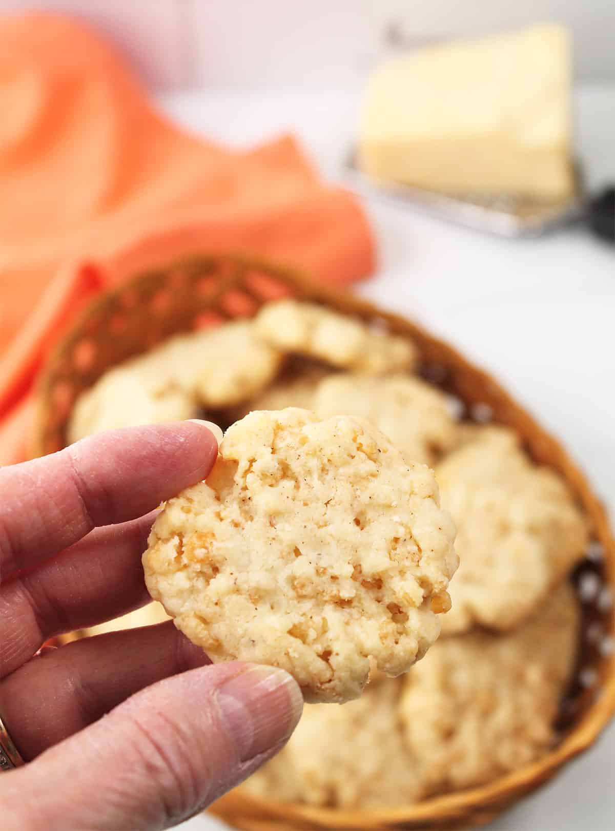 Holding a cheese cracker with rice krispies.