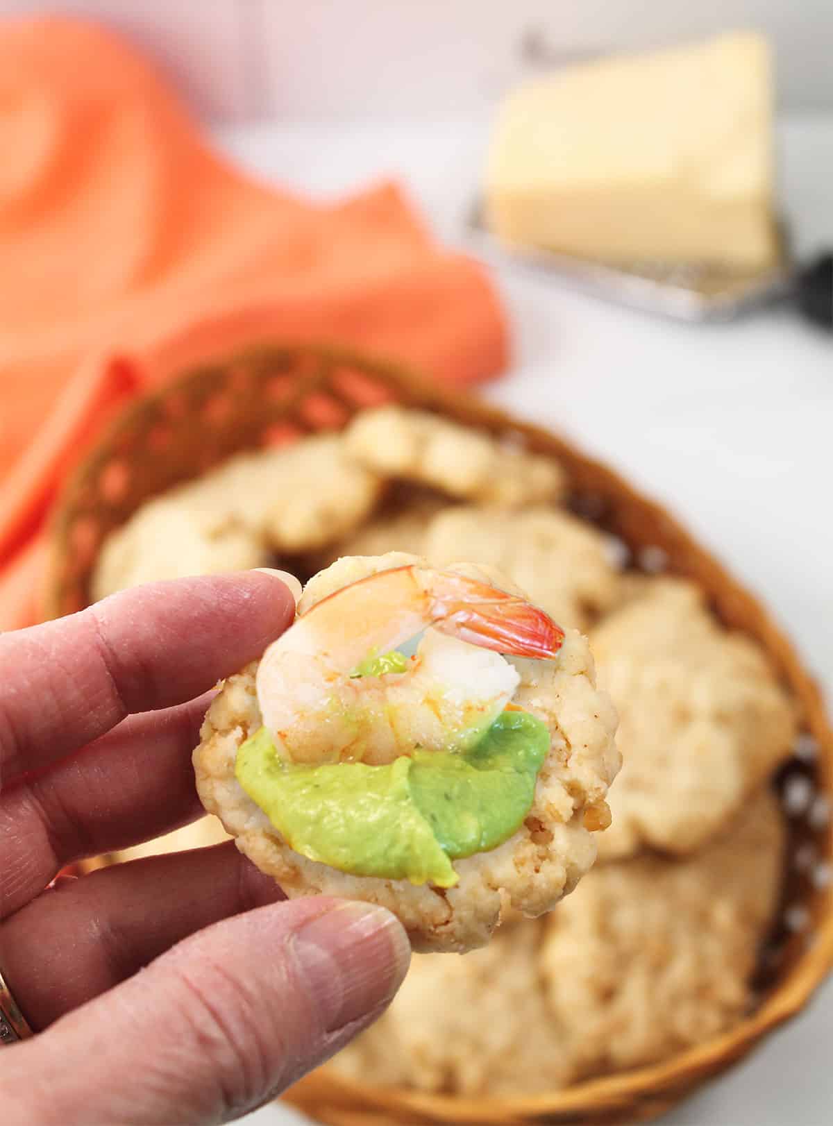 Cheese Rice Krispies wafer with shrimp topping.