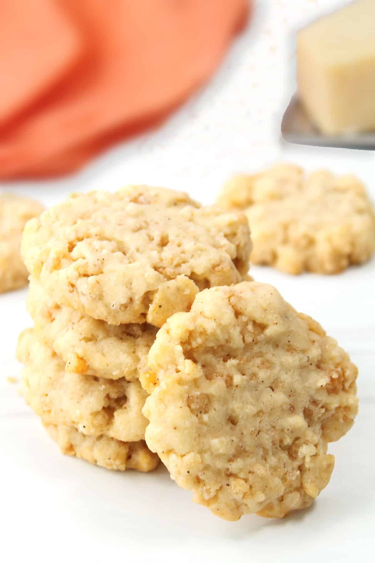 A stack of rice krispies cheese crackers.