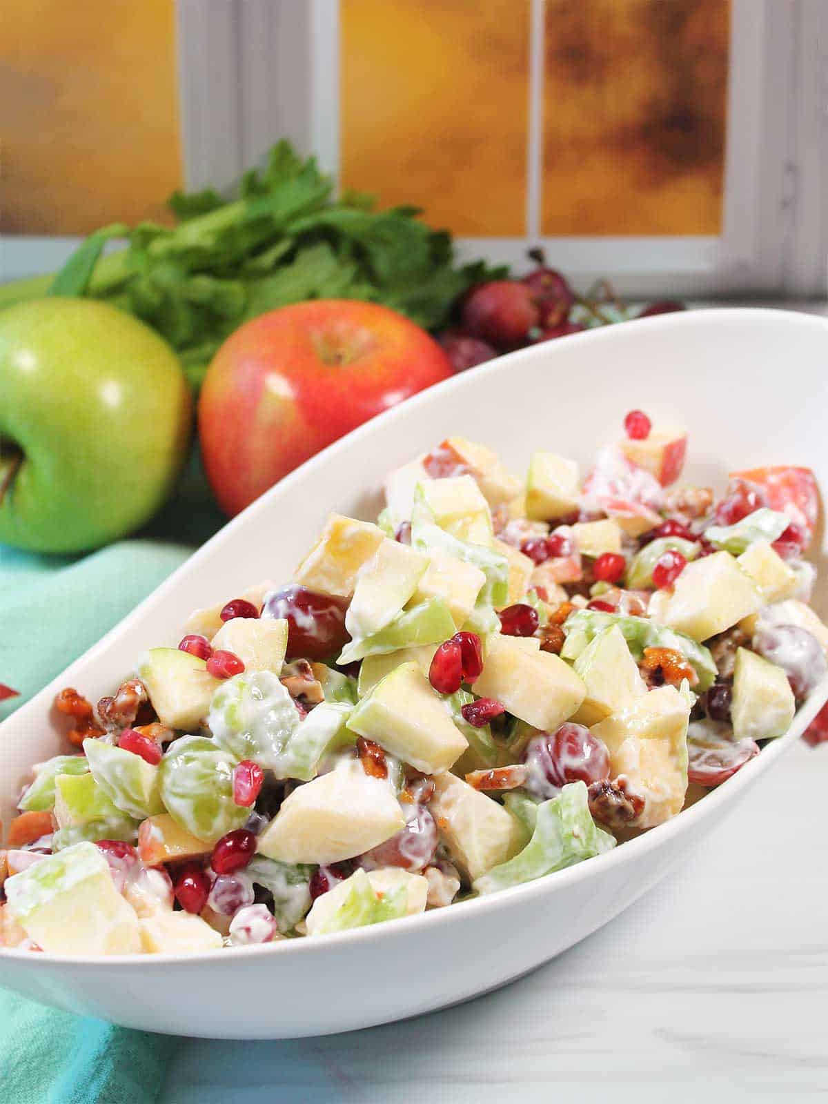 Waldorf Salad in white serving bowl.