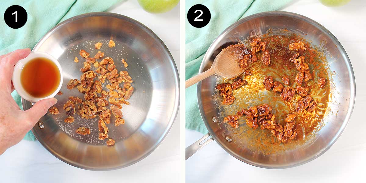 Steps to make maple glazed walnuts.