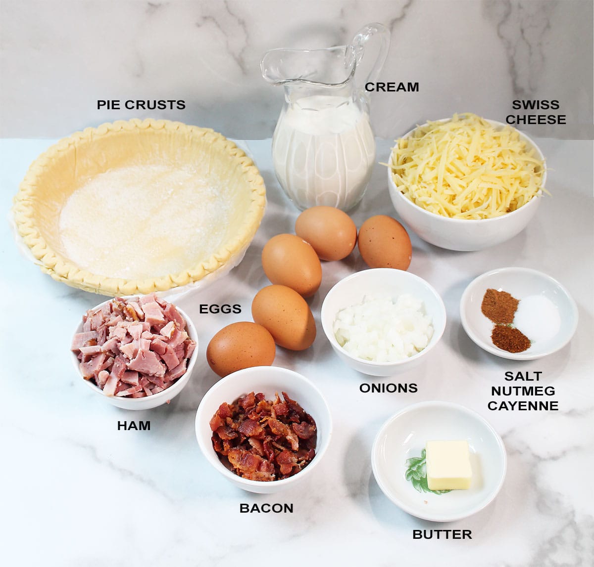 Ingredients for Ham and Cheese Quiche recipe.