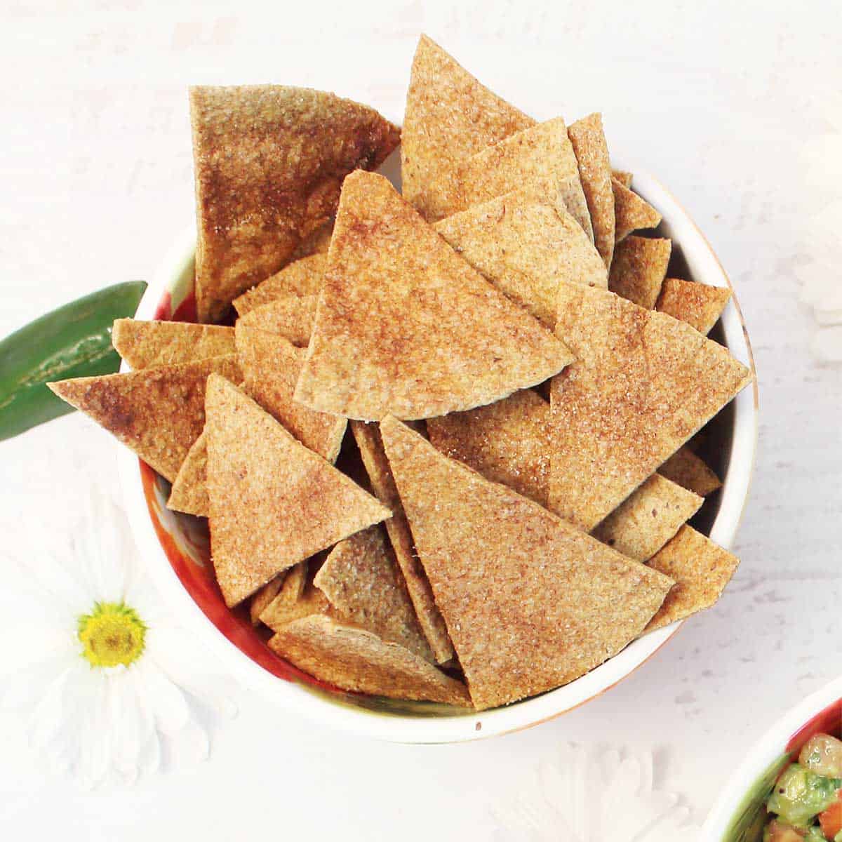 Crispy sweet tortilla chips in bowl.