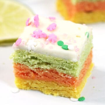 Closeup of sugar cookie bar showing layers.