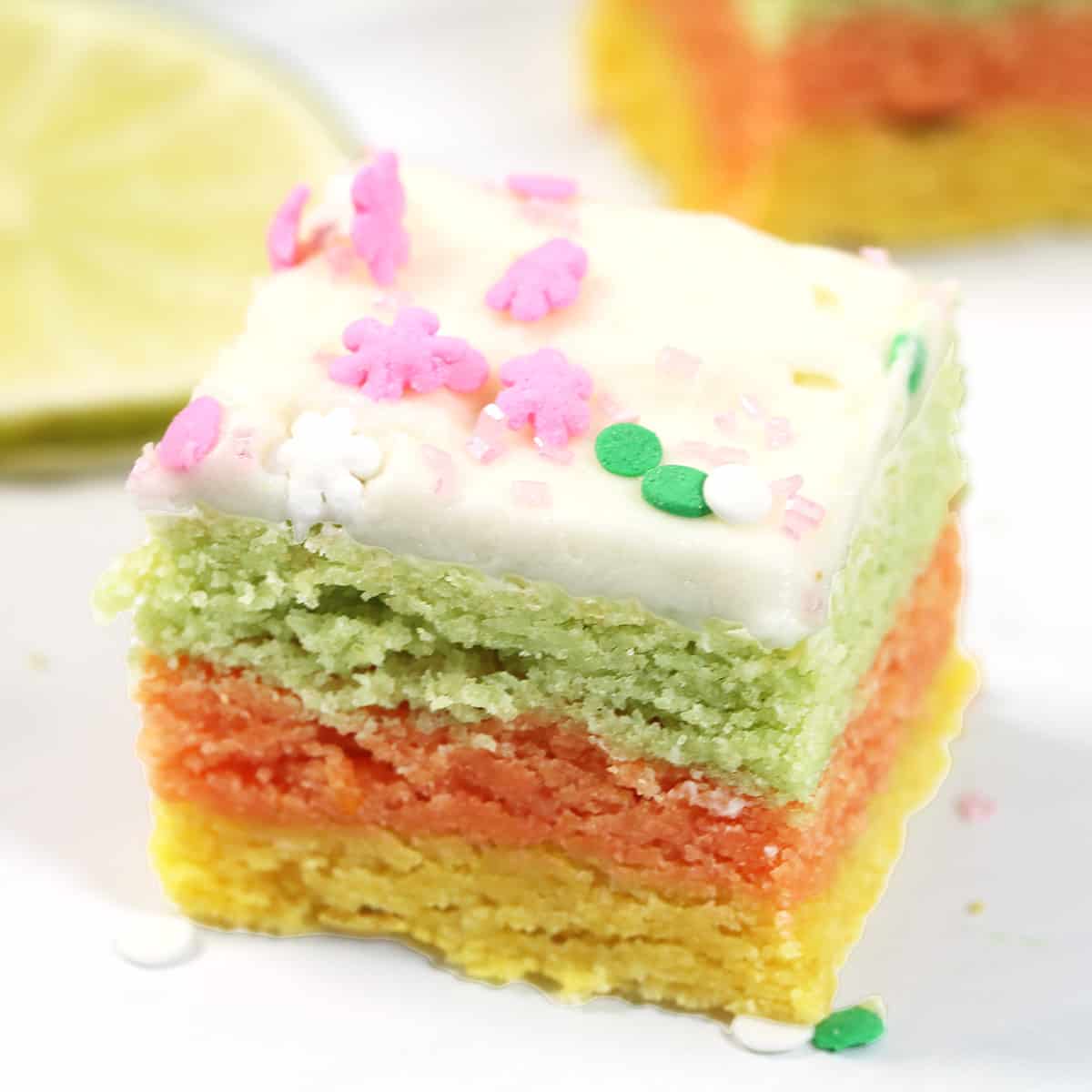 Closeup of sugar cookie bar showing layers.