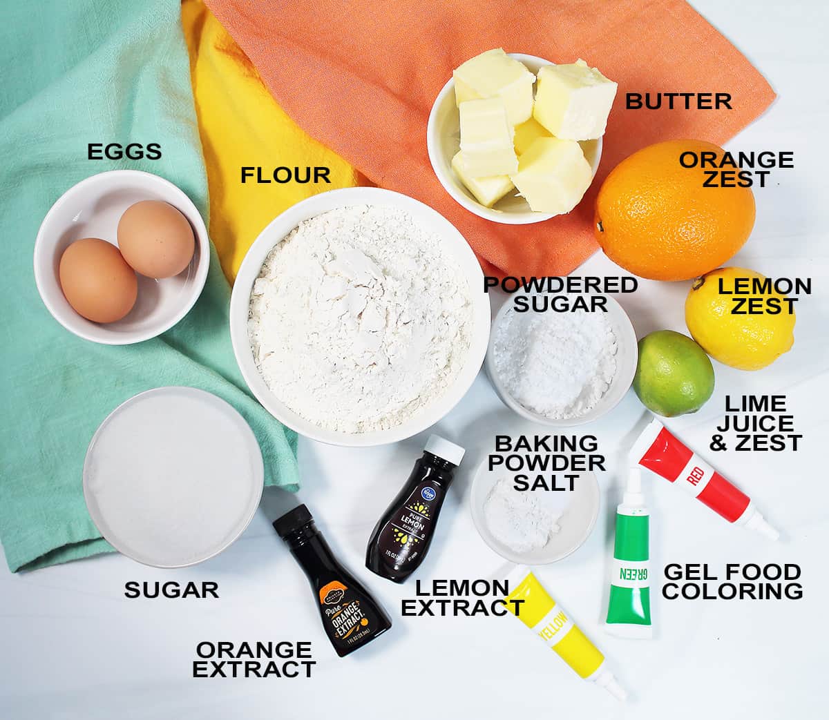 Ingredients for sugar cookie bars labeled.