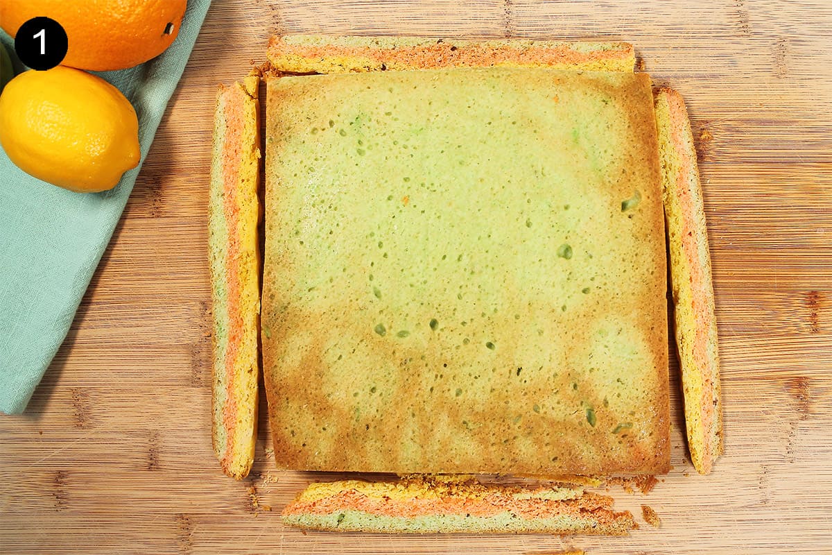 Cutting off edges of baked bar cookies.