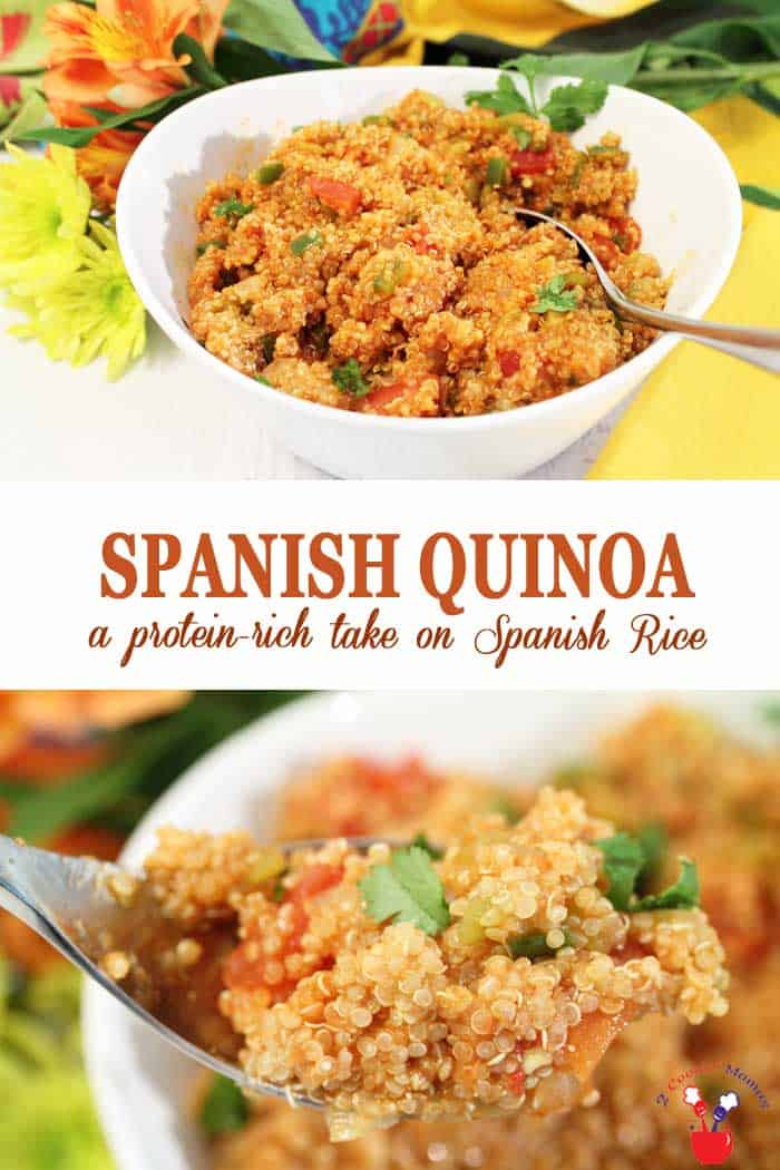 Spanish Quinoa | 2 Cookin Mamas Spanish Quinoa is a protein-boosted take on your favorite.Spanish Rice. All the same delicious flavors of tomatoes, onions, peppers and diced green chiles are there and it takes less than 30 minutes from start to finish. #quinoa #sidedish #spanishrice #dinner #recipe