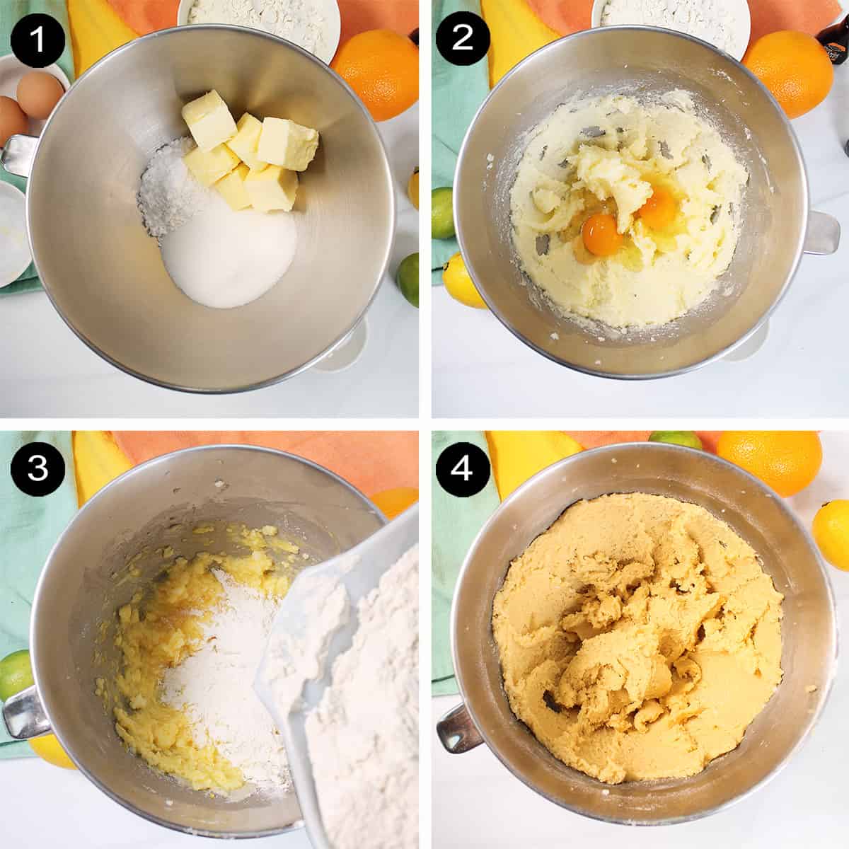 Steps 1-4 to make sugar cookie bars.