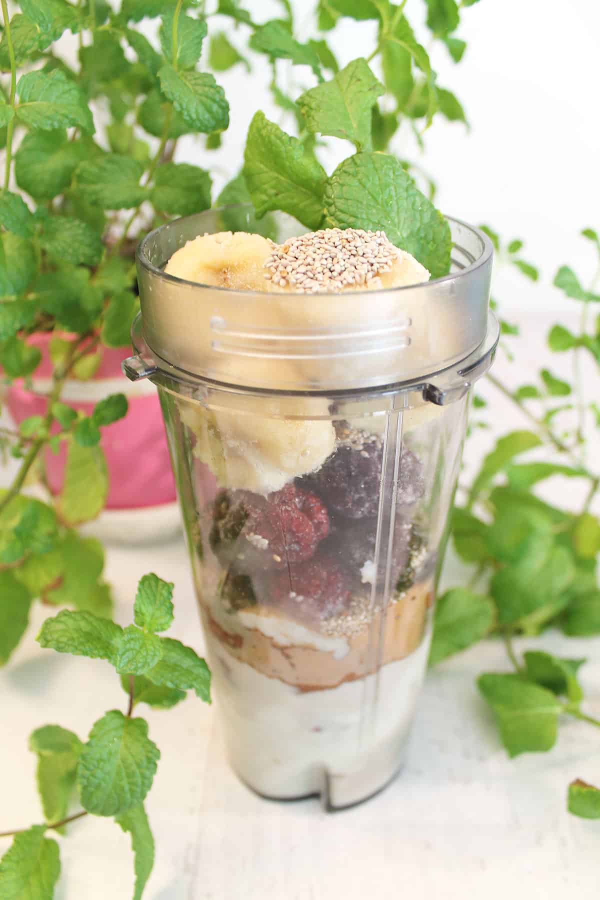 Ingredients for smoothie piled in blender cup.