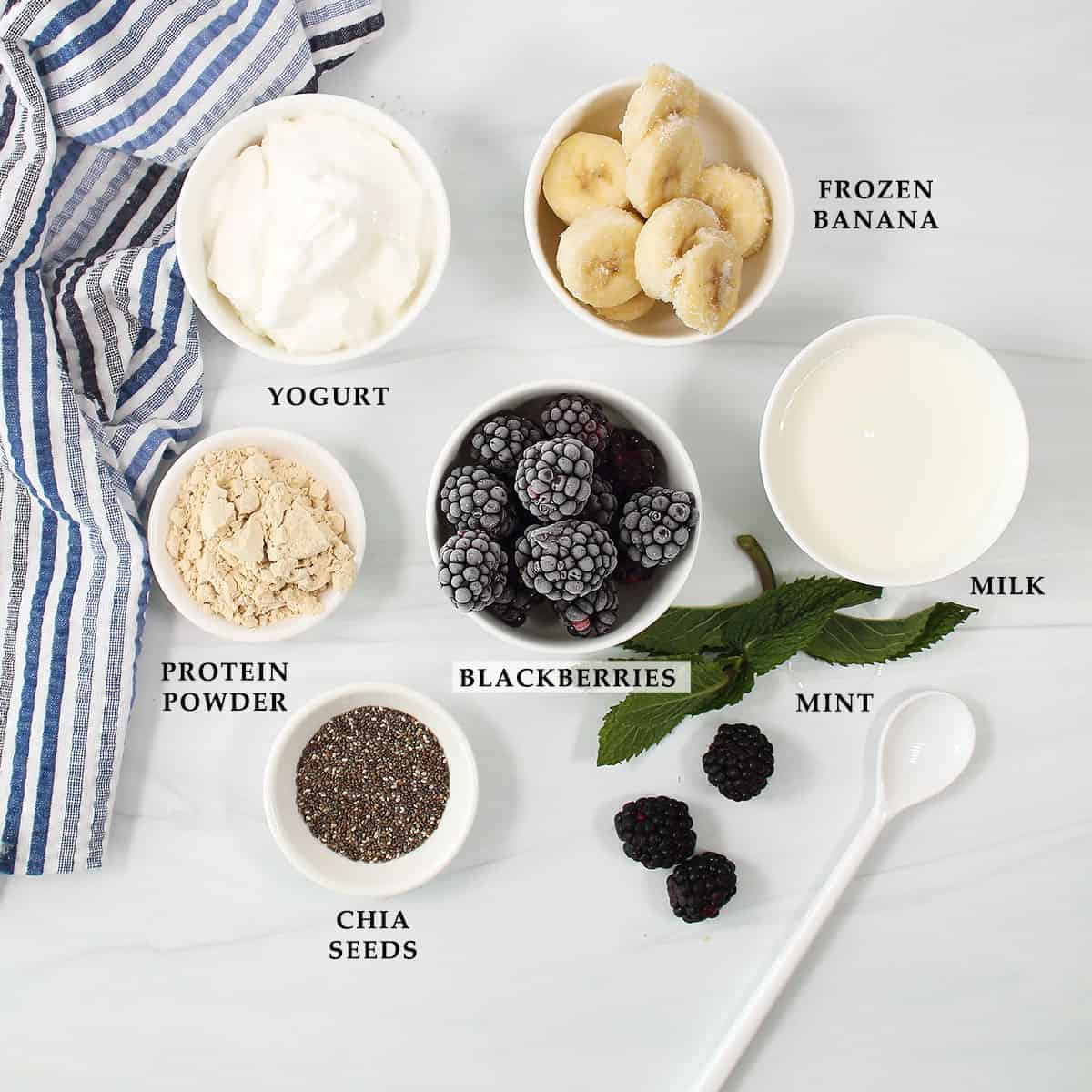 Ingredients for healthy blackberry smoothie recipe.