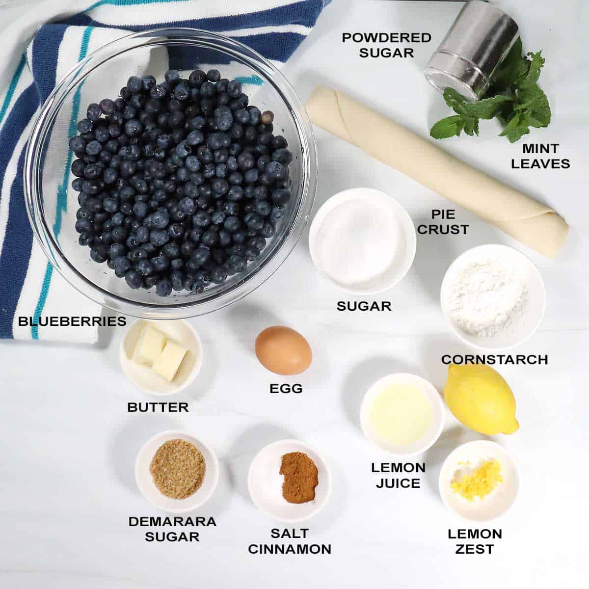 Ingredients for blueberry galette recipe.