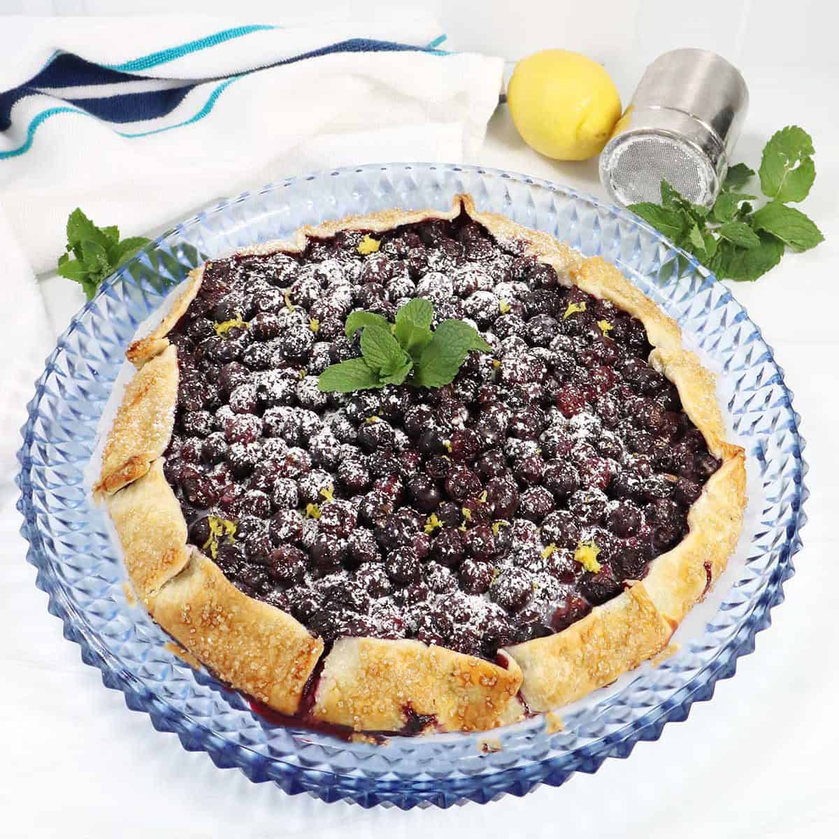 Easy Blueberry Galette on serving plate with powdered sugar mint garnish.