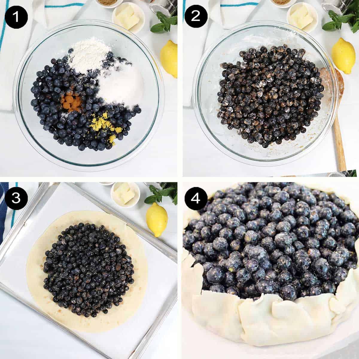 Steps 1-4 to make an easy blueberry galette.