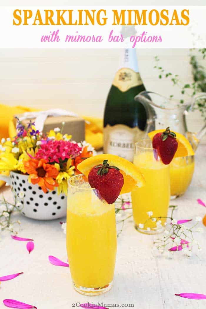 Sparkling Mimosas | 2 Cookin Mamas These Sparkling Mimosas are not only delicious but super easy to make too. Just 2 ingredients, fresh orange juice & champagne, make this incredibly refreshing cocktail. It's the perfect drink for any holiday celebrations from Mother's Day to Christmas, graduation to anniversary. Cheers! #cocktail #champagne #drink #MothersDay #Christmas #orangejuice #summercocktail #recipe #easyrecipe