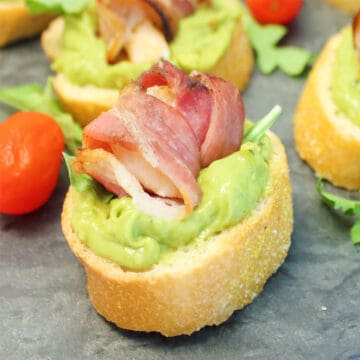 Closeup of finished bacon wrapped shrimp appetizer.