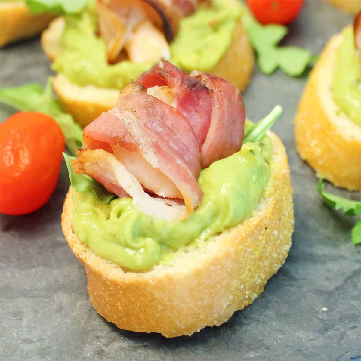 Closeup of finished bacon wrapped shrimp appetizer.
