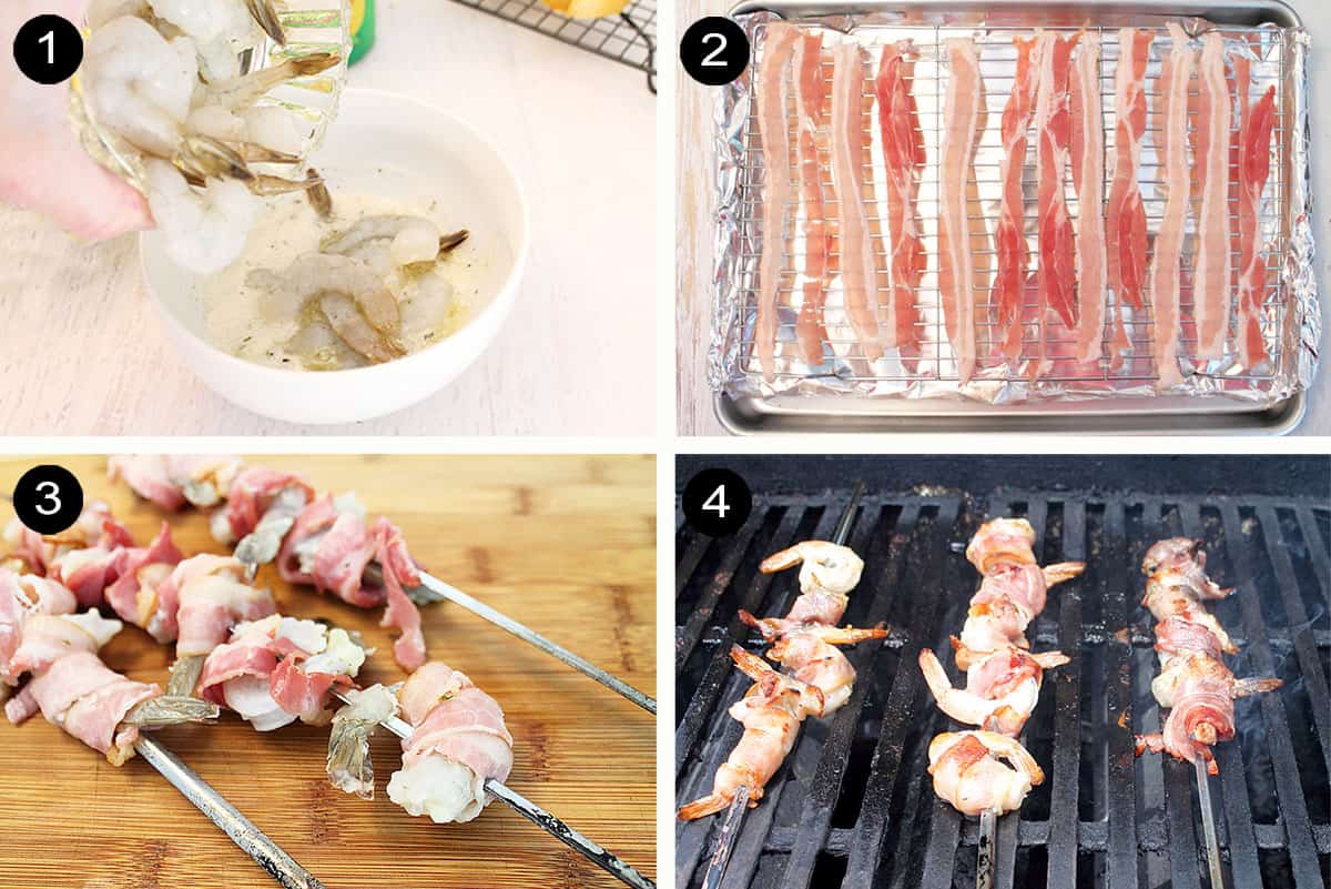 Prepping grilled bacon wrapped shrimp.