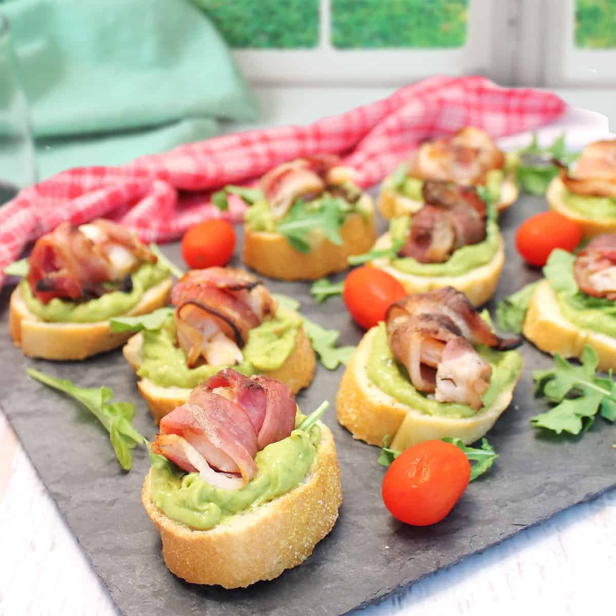 Bacon Wrapped Shrimp Crostini appetizer plated and ready to serve.