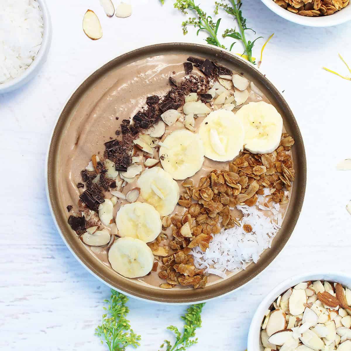 Chocolate Coffee Smoothie Bowl with toppings.