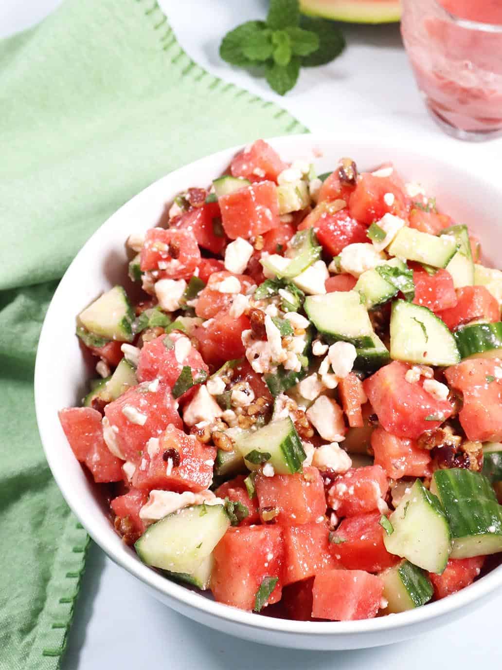 Watermelon Cucumber Mint Salad in bowl.