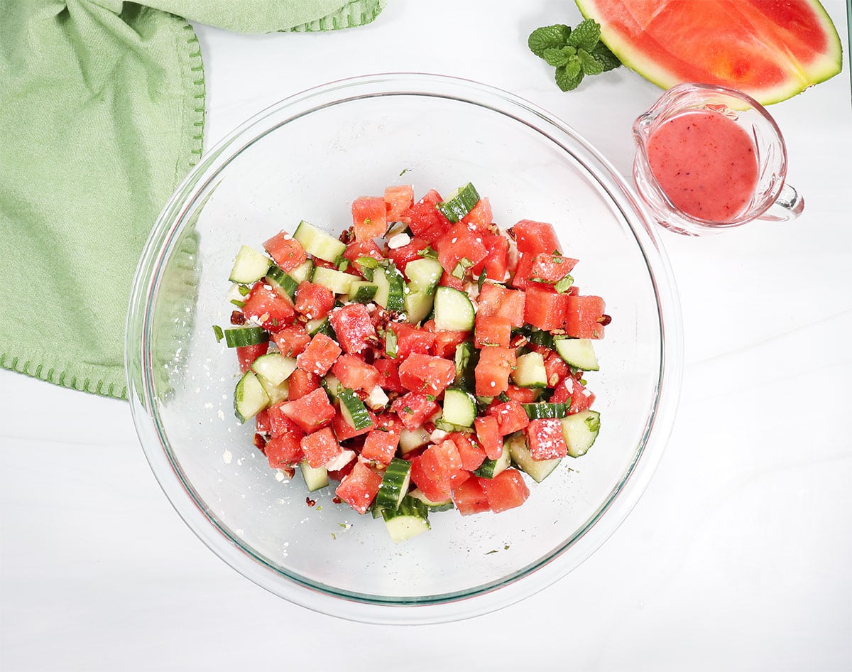 Mixed salad ingredients ready for vinaigrette.