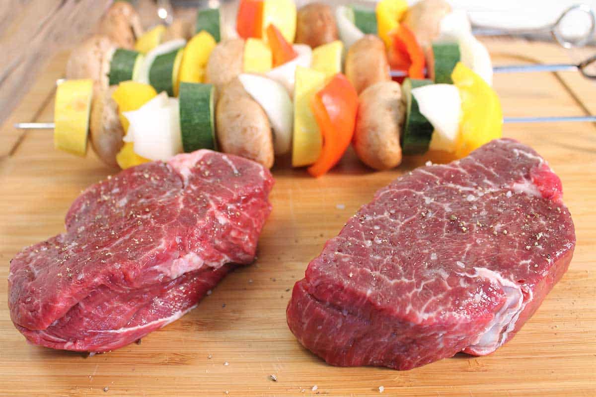 Salt and peppered steak and skewered veggies.