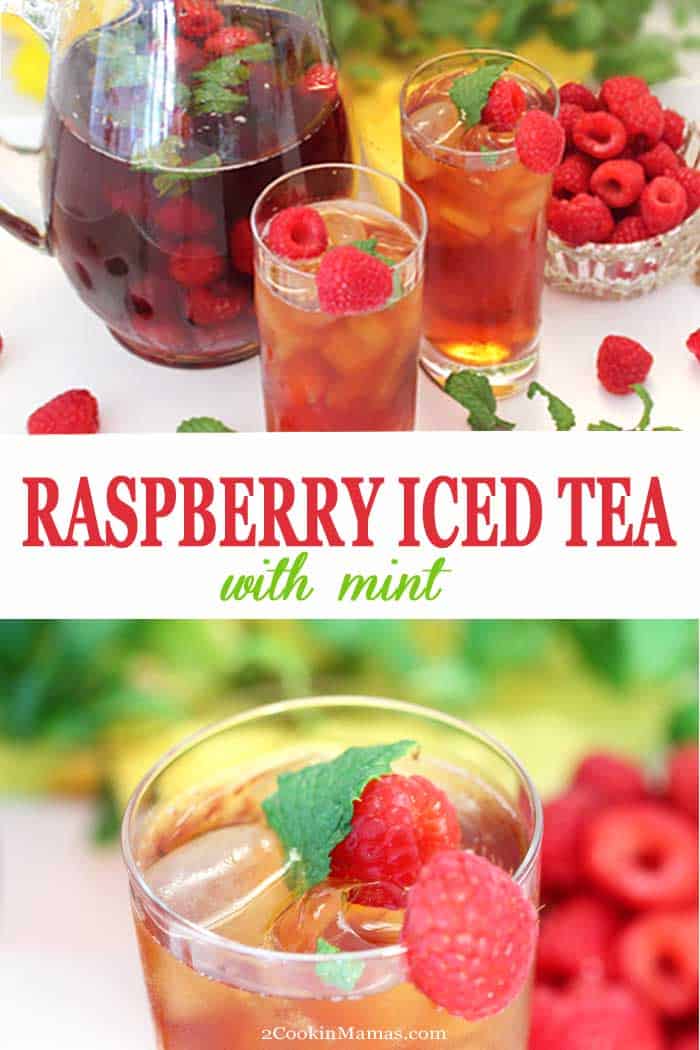 This Raspberry Mint Iced Tea recipe takes your favorite summertime refreshment up a notch. Juicy raspberries and savory mint leaves are added to fresh brewed tea to impart a sweet berry flavor with a touch of mint to classic iced tea. It's a tastier and healthier way to quench your thirst. #icedtea #beverage #summerdrink #raspberry tea #raspberries #mint #tea #drink #recipe Raspberry Mint Iced Tea | 2 Cookin Mamas This Raspberry Mint Iced Tea recipe takes your favorite summertime refreshment up a notch. Juicy raspberries and savory mint leaves are added to fresh brewed tea to impart a sweet berry flavor with a touch of mint to classic iced tea. It's a tastier and healthier way to quench your thirst. #icedtea #beverage #summerdrink #raspberry tea #raspberries #mint #tea #drink #recipe