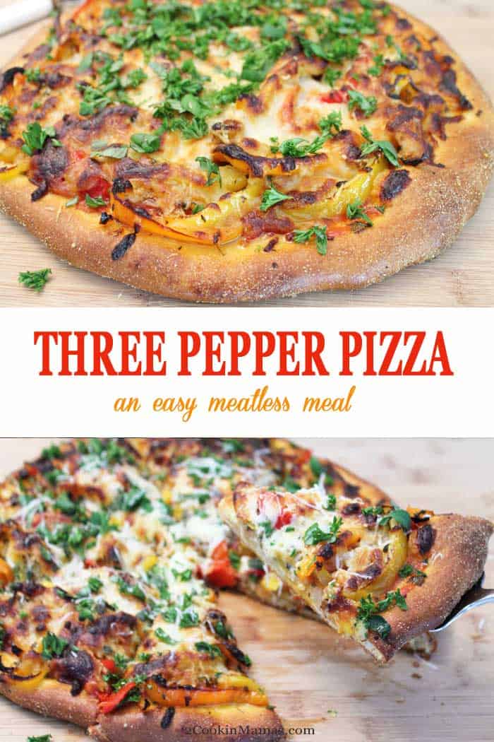 Three Pepper Pizza | 2 Cookin Mamas This Three Pepper Pizza is the go-to dinner for Meatless Monday. All you need is store-bought pizza dough, red, orange and yellow bell peppers, onion, garlic, spices and mozzarella cheese to enjoy a slice of heaven! Believe it or not, no pizza sauce needed! #pizza #dinner #meatlessmeal #peppers #mozzarella #recipe