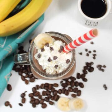 Overhead of smoothie with whipped cream.