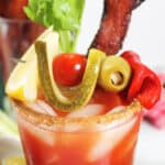 Closeup of skewered garnishes.