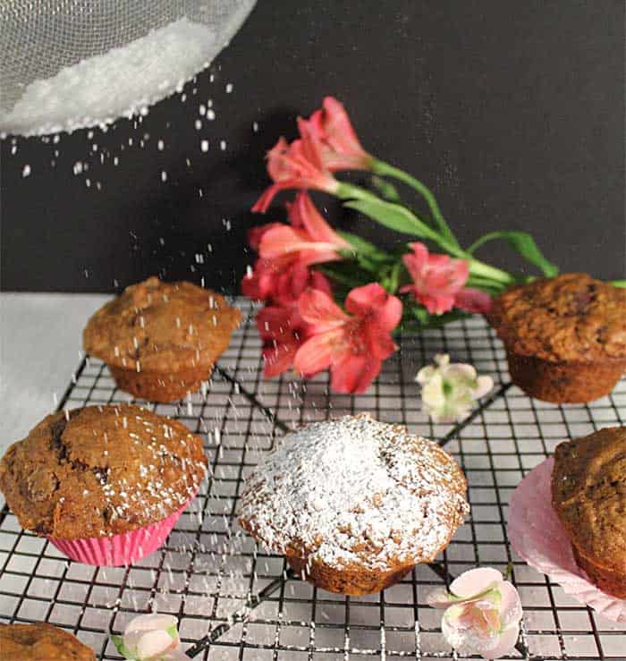 Espresso Chocolate Chip Muffins sprinkling powdered sugar