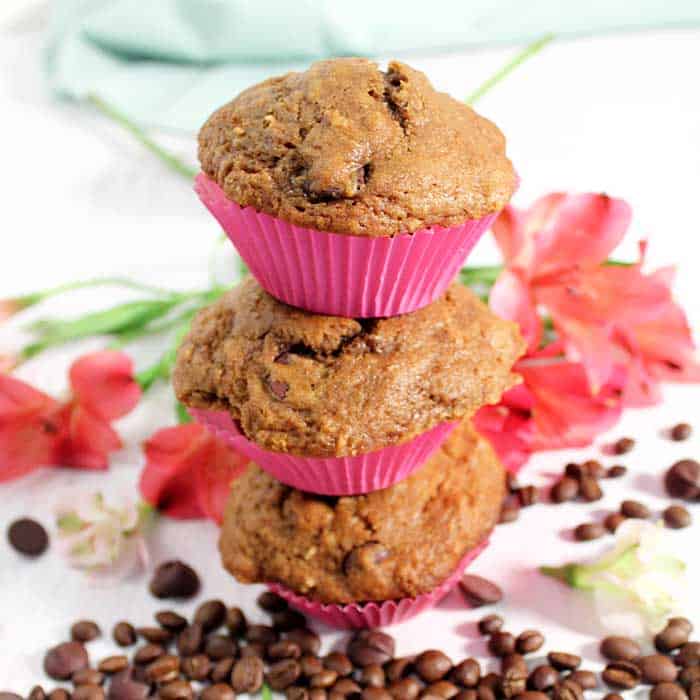 Espresso Chocolate Chip Muffins stack square