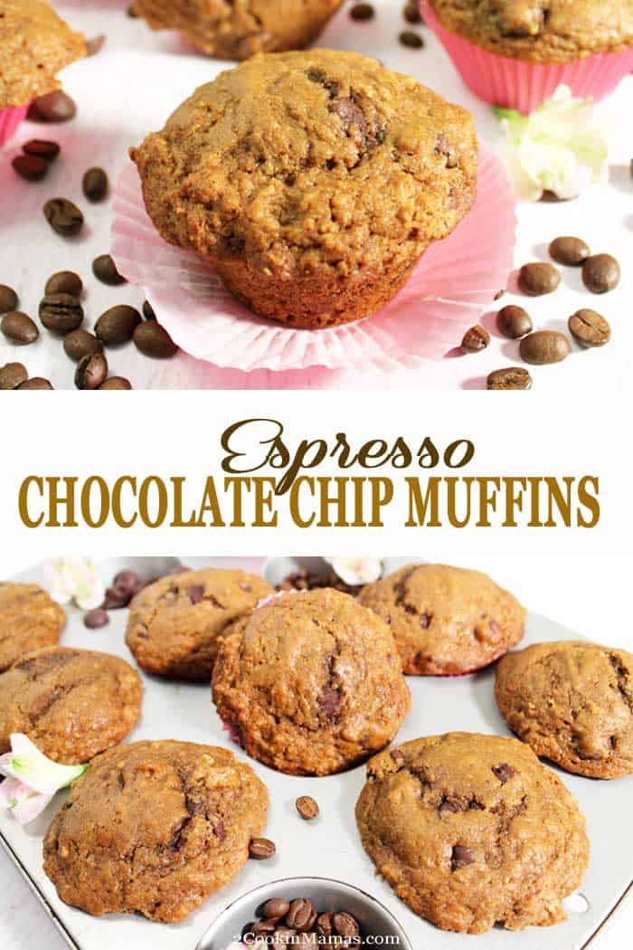 Espresso Chocolate Chip Muffins | 2 Cookin Mamas These  bakery-style Espresso Chocolate Chips Muffins are moist, dense and rich with a distinct coffee taste. That smooth espresso flavor combines perfectly with the sweet chocolate chips to make these muffins the perfect breakfast or afternoon snack for coffee lovers. #muffins #espresso #coffee #chocolatechips #baking #breakfast #snack #recipe