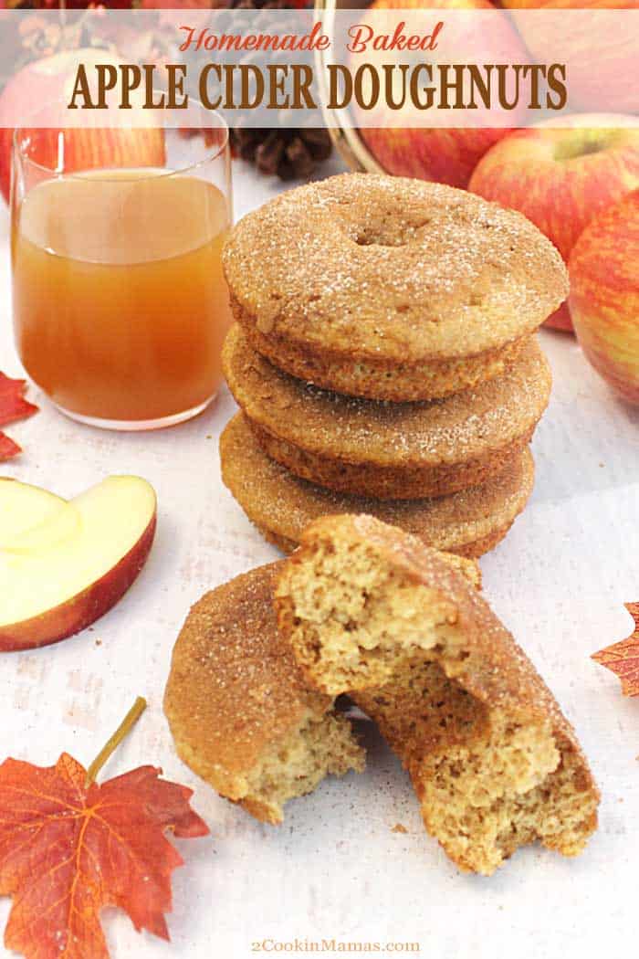 Apple Cider Doughnuts 2 | 2 Cookin Mamas Fresh baked, fluffy apple cider doughnuts bring the taste and aromas of fall to your breakfast table. The rich taste of apple cider & apple pie spice makes you think of cool days, all sweetened with a topping of cinnamon sugar. #recipe #doughnuts #breakfast #applecider #fall #bakeddonuts