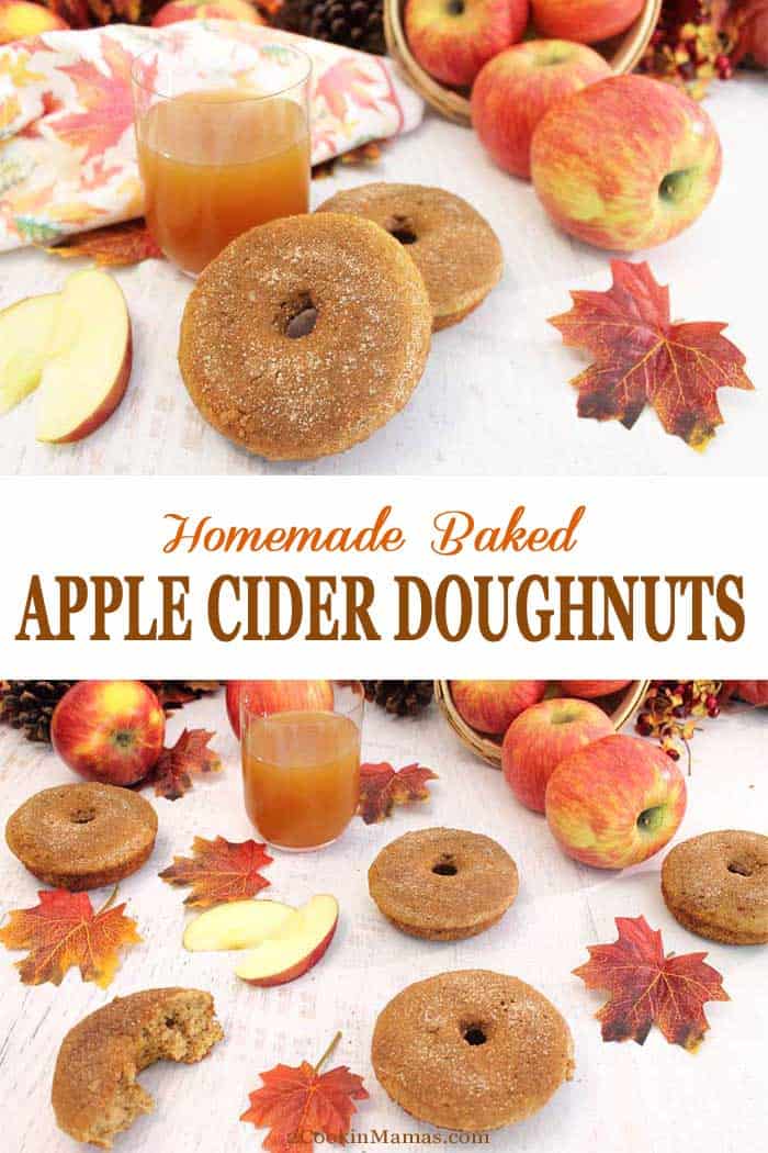 Apple Cider Doughnuts | 2 Cookin Mamas Fresh baked, fluffy apple cider doughnuts bring the taste and aromas of fall to your breakfast table. The rich taste of apple cider & apple pie spice makes you think of cool days, all sweetened with a topping of cinnamon sugar. #recipe #doughnuts #breakfast #applecider #fall #bakeddonuts
