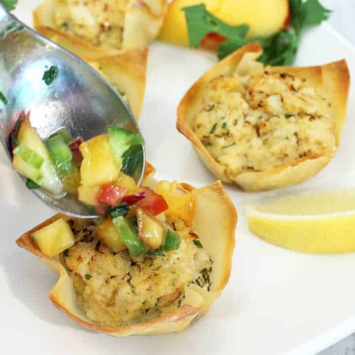 Goat Cheese Crab Wonton Cups with Nectarine Salsa square 1